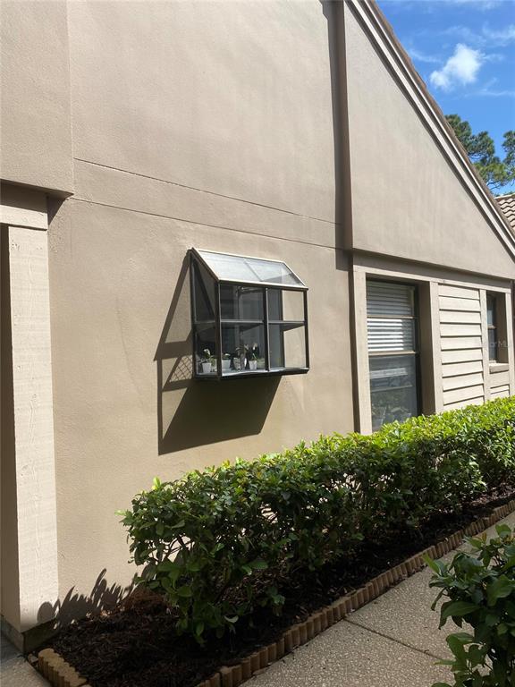 An exterior view of a tan stucco wall featuring a small glass garden window — 3134 WINDMOOR DRIVE N, PALM HARBOR, FL
