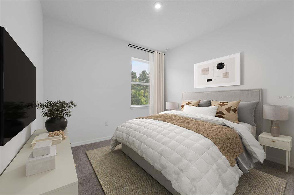This is a digital rendering of a bedroom featuring a bed, television, and window — 6629 VERBENA PLACE, LAKE HAMILTON, FL