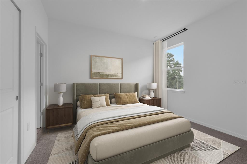 This is a digital rendering of a bedroom featuring a queen bed and two nightstands — 6629 VERBENA PLACE, LAKE HAMILTON, FL