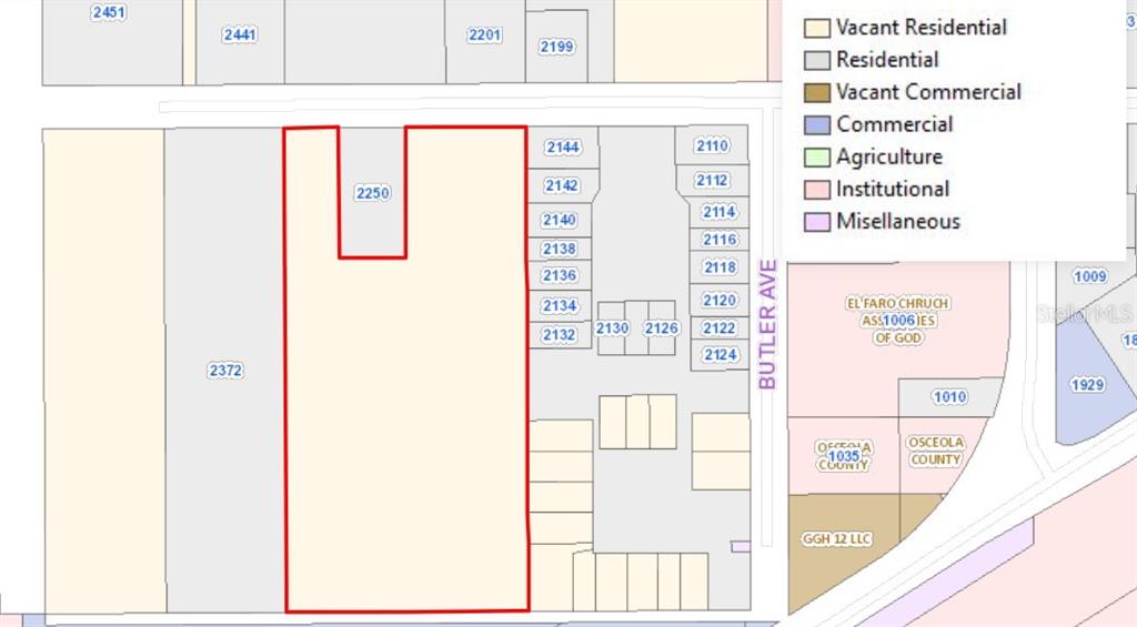 This is a property map showing land parcels, building footprints, and zoning classifications — W MARTIN STREET, KISSIMMEE, FL