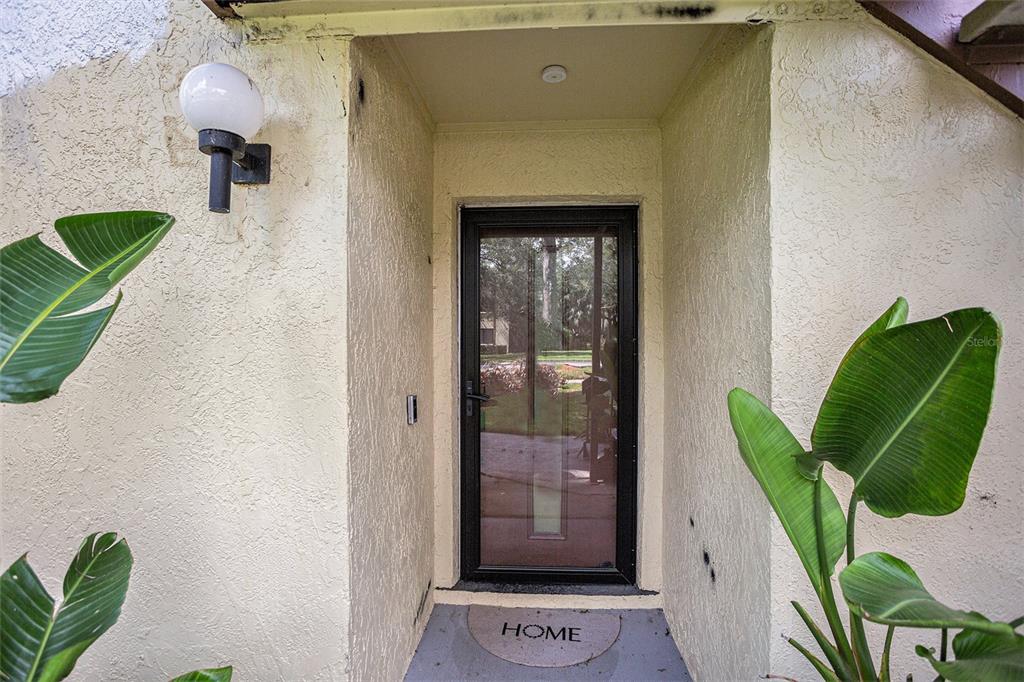 A front entryway features a glass storm door, a light fixture, and potted plants — 600 SUMMERHILL COURT UNIT A, SAFETY HARBOR, FL