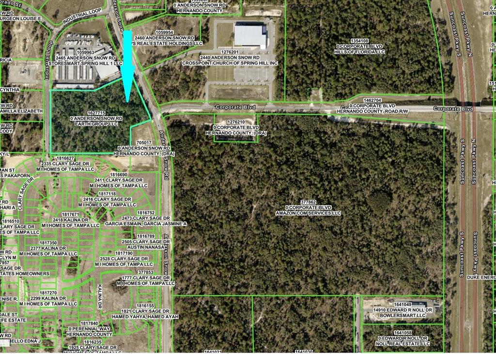 This is a property tax map showing land parcels, roads, and surrounding developments — 0 ANDERSON SNOW ROAD, SPRING HILL, FL