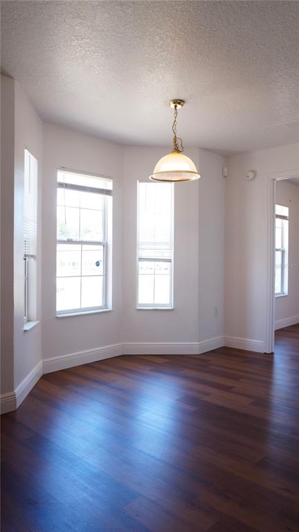 A dining area features dark wood flooring, white walls, and a hanging pendant light fixture — 1417 SARASOTA DRIVE, KISSIMMEE, FL