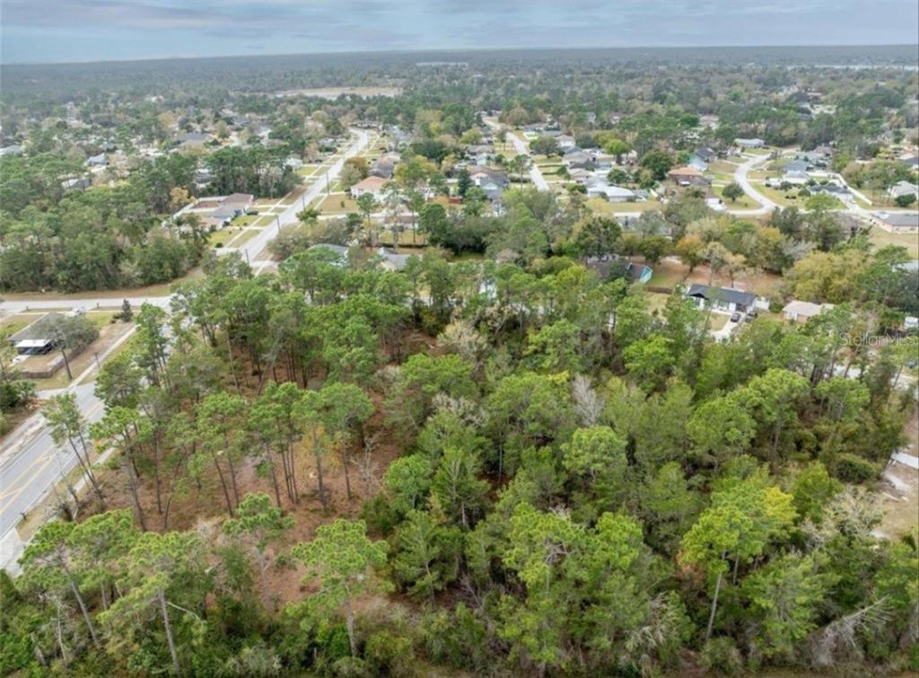 An aerial view shows a wooded, undeveloped lot situated in a suburban residential neighborhood — 1370 COURTLAND BLVD, DELTONA, FL