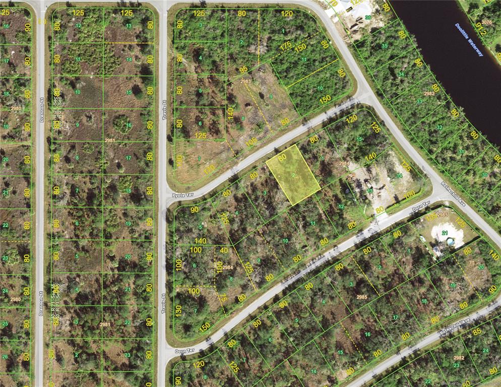 This is a satellite map showing undeveloped residential lots and streets in a wooded area — 15061 PYOTE TERRACE, PORT CHARLOTTE, FL