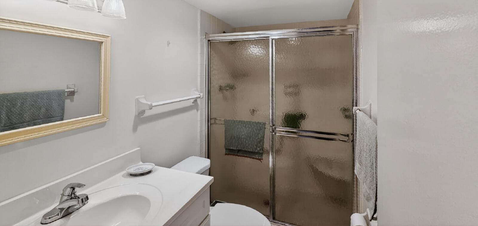 A bathroom features a white vanity, a mirror, a toilet, and a glass-enclosed shower — 8 Garden Street # 206r, Tequesta FL 33469, TEQUESTA, FL