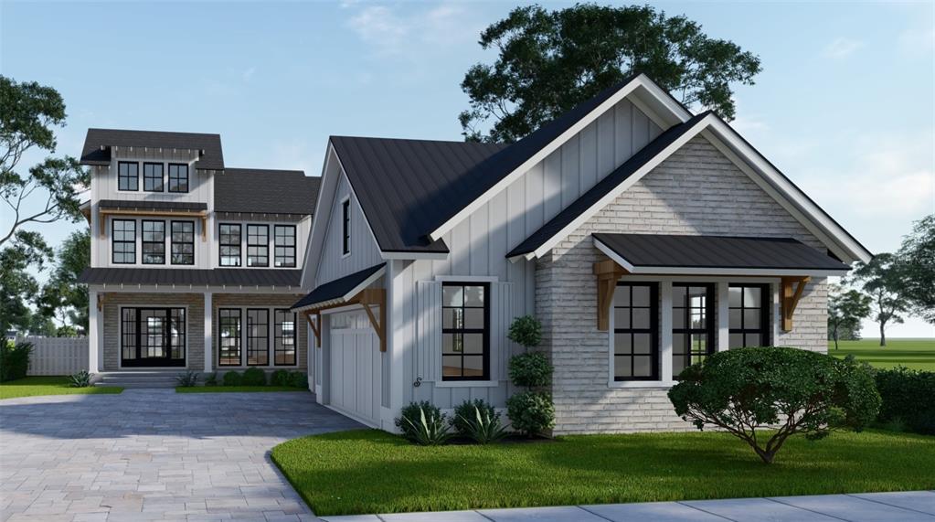 This is a rendering of a modern farmhouse with white siding, brick accents, and black roofs — 1258 RIDGE LAKE WAY, OAKLAND, FL