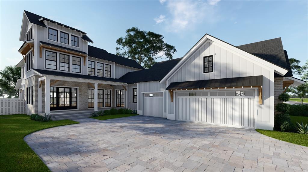 A digital rendering of a modern farmhouse with white vertical siding, stone accents, and garages — 1258 RIDGE LAKE WAY, OAKLAND, FL