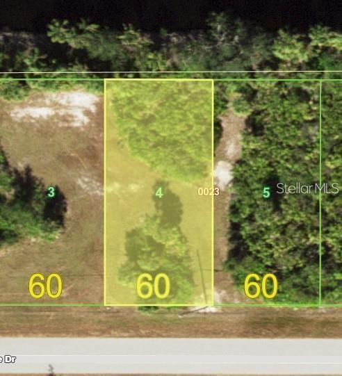 This is an aerial map showing three adjacent rectangular vacant lots with 60-foot frontages — 274 BAYTREE DRIVE, ROTONDA WEST, FL