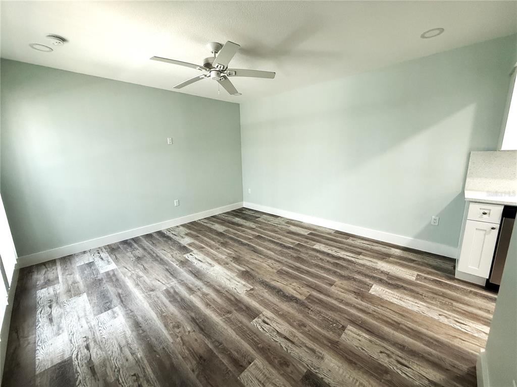 An empty room with light green walls, a ceiling fan, and wood-look plank flooring — 201 MEDALLION BOULEVARD UNIT D, MADEIRA BEACH, FL
