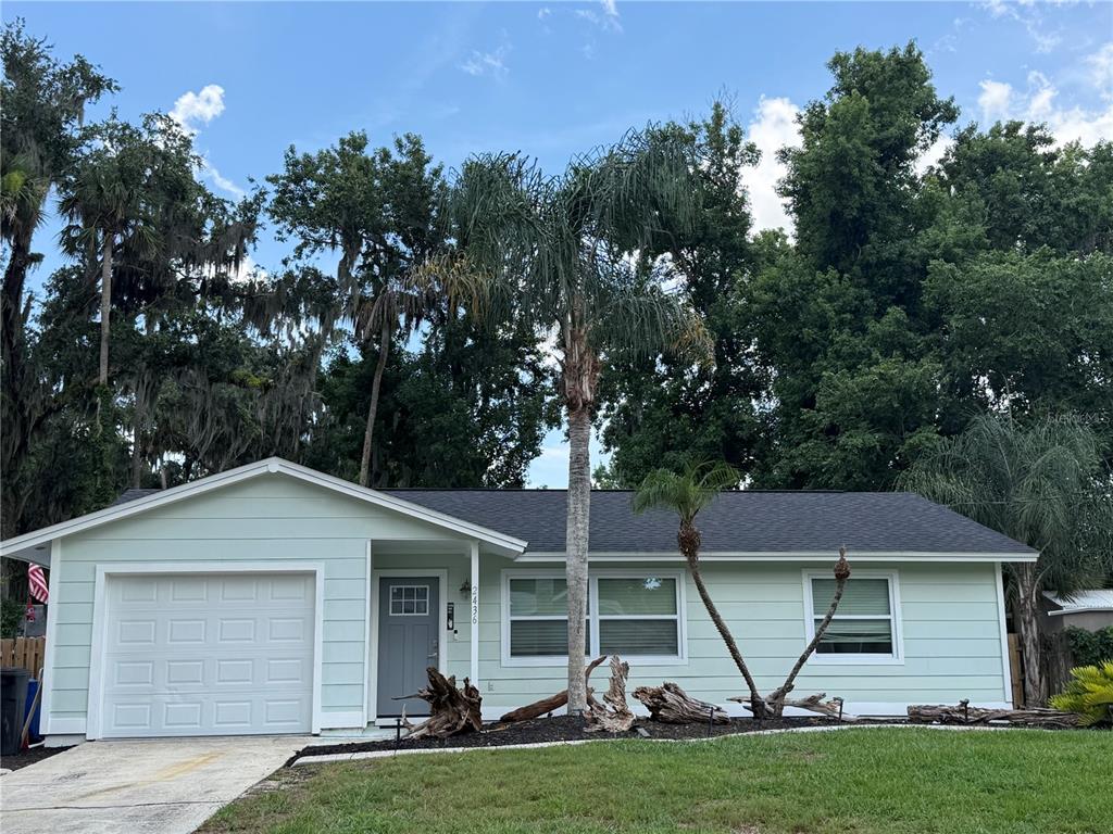 A light green single-story house with a garage, front door, and palm trees in front — 2436 CLAIRE AVENUE, NEW SMYRNA BEACH, FL