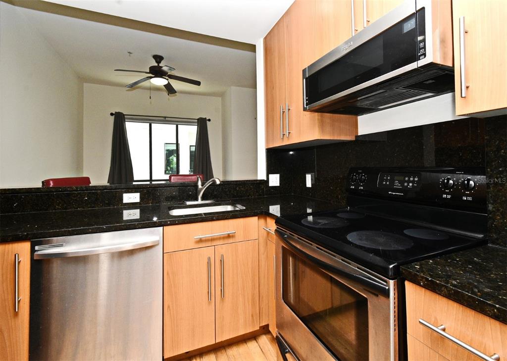 A kitchen with light wood cabinets, black granite countertops, and stainless steel appliances — 460 E JACKSON STREET UNIT 5, ORLANDO, FL