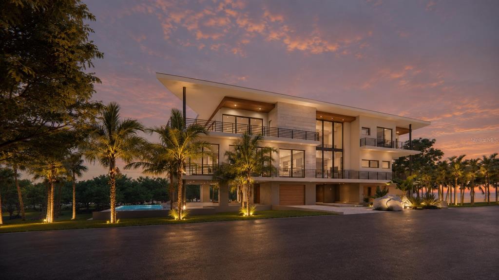 This is a rendering of a modern three-story waterfront home at sunset — 2542 CASEY KEY ROAD, NOKOMIS, FL