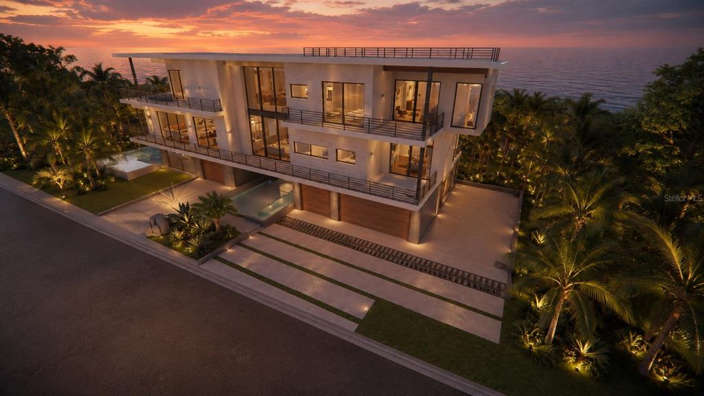 This is a rendering of a modern three-story waterfront home with a pool and balconies — 2542 CASEY KEY ROAD, NOKOMIS, FL