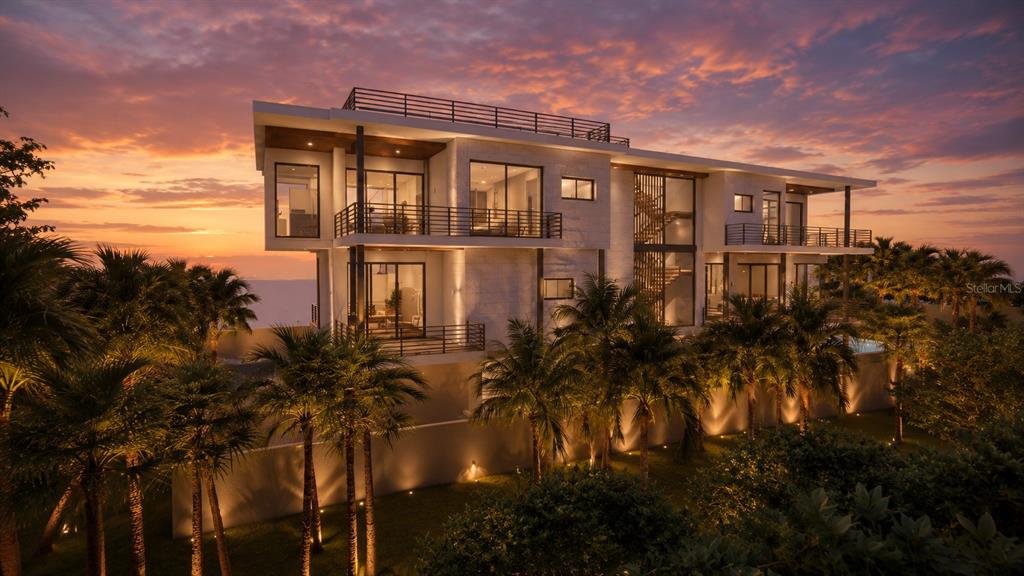 A modern multi-story home with balconies and palm trees at sunset, shown as a rendering — 2542 CASEY KEY ROAD, NOKOMIS, FL