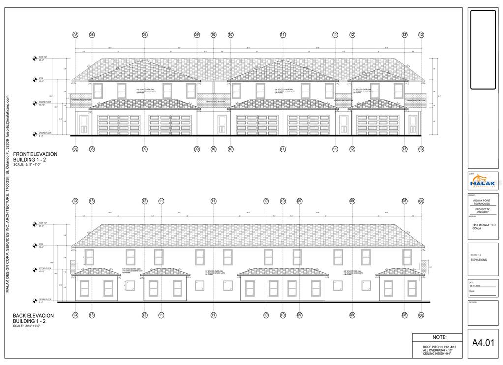 This architectural rendering shows the front and back elevations of a two-story townhome building — 000 MIDWAY TERRACE, OCALA, FL