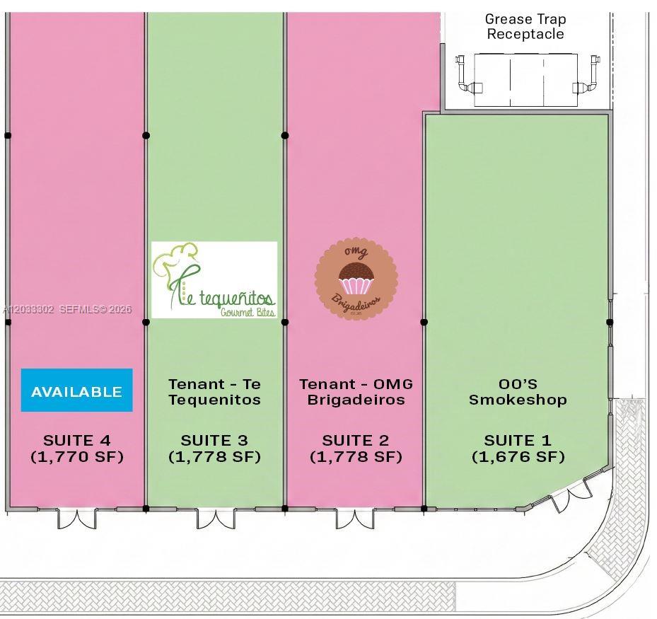 This floor plan shows four commercial suites with their respective square footage and current tenants — 300 SW 17th Ave # 4, Miami FL 33135, MIAMI, FL