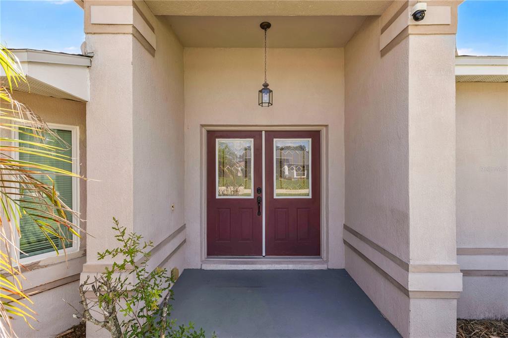 A covered entryway features a set of double doors with glass panels and a hanging lantern — 6315 HAMPTON POINTE CIRCLE, LAKELAND, FL