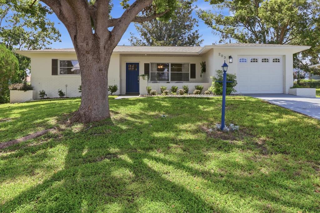 A single-story house with a white brick exterior, blue front door, and a large front tree — 203 S LEE STREET, BEVERLY HILLS, FL