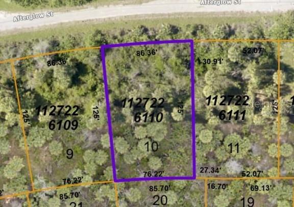 This is an aerial map showing a rectangular plot of land highlighted in purple — AFTERGLOW STREET, NORTH PORT, FL