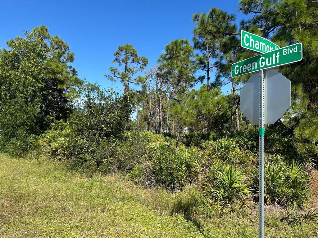 A street sign at the intersection of Chamois and Green Gulf Boulevard in a wooded area — 27028 CHAMOIS DRIVE, PUNTA GORDA, FL