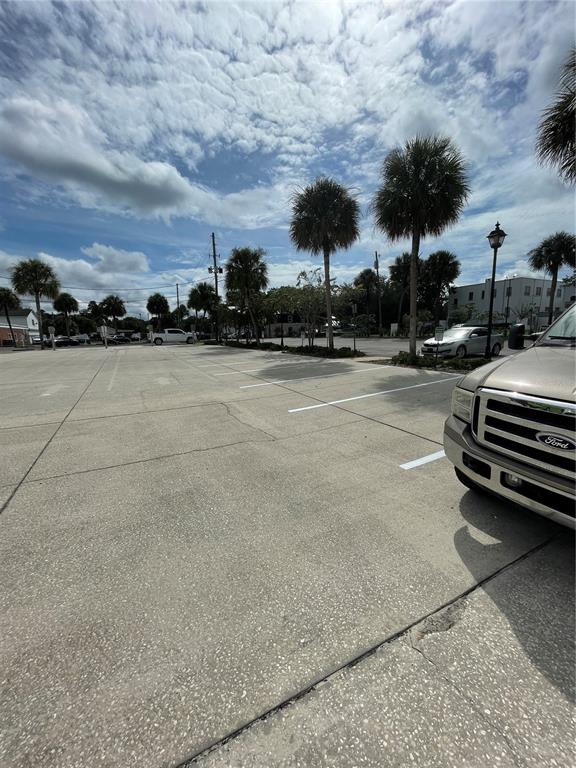 A paved parking lot features white painted lines and several palm trees under a cloudy sky — 113 S WOODLAND BOULEVARD, DELAND, FL