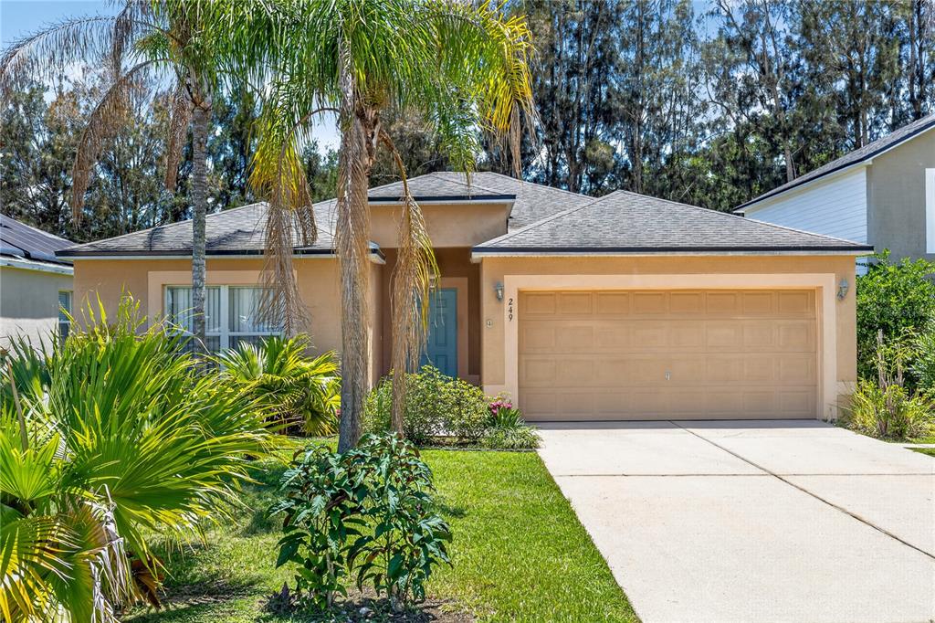 A single-story tan stucco house with a two-car garage and a palm tree in front — 249 CURTIS AVENUE, GROVELAND, FL