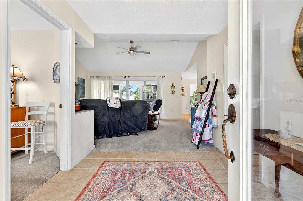 An entryway with tile flooring leads into a carpeted living room with a vaulted ceiling — 17520 SE 112TH AVENUE, SUMMERFIELD, FL