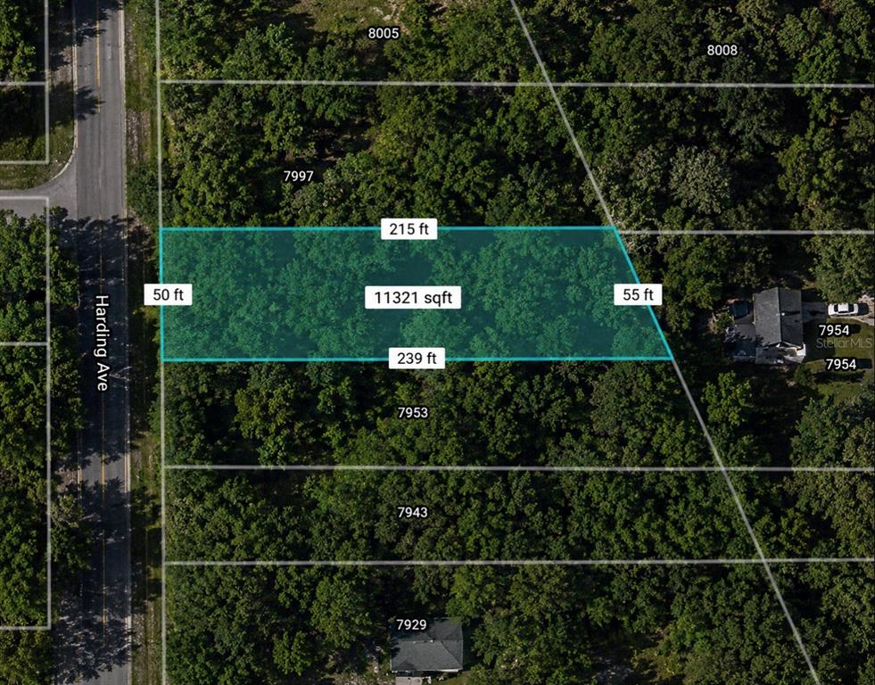 This is an aerial map showing a rectangular plot of land with dimensions and square footage — HARDING AVENUE, JACKSONVILLE, FL