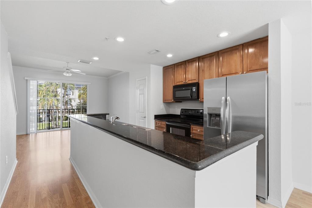 A kitchen with dark granite countertops, wood cabinets, and stainless steel appliances overlooks a living area — 9875 MEADOW FIELD CIRCLE, TAMPA, FL