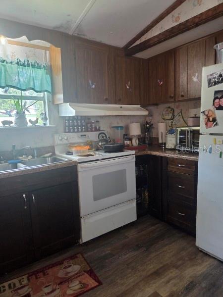 A kitchen features dark wood cabinets, a white stove, and a window with a curtain — 3563 SE 147TH PLACE, SUMMERFIELD, FL