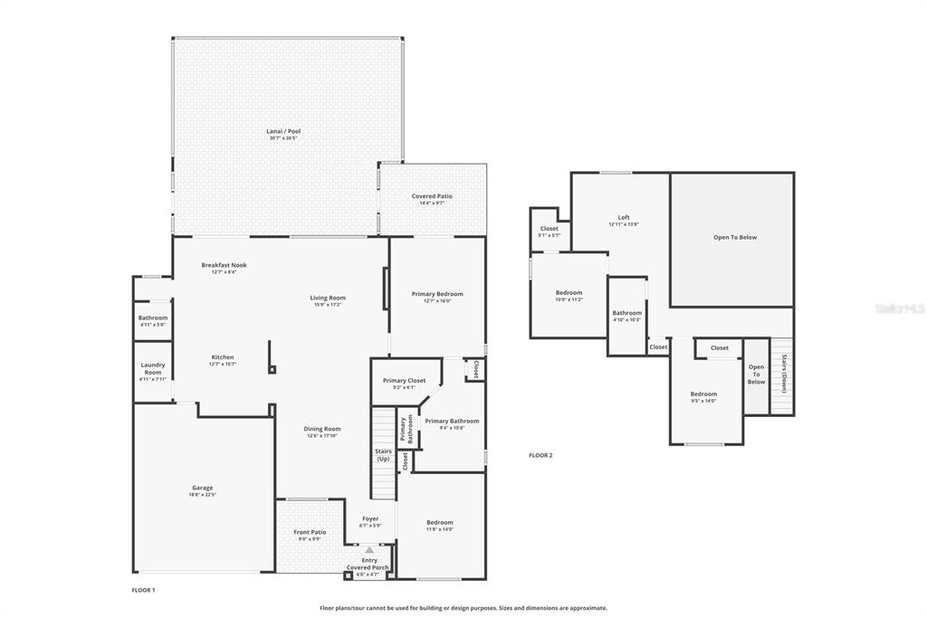 This is a two-story floor plan showing a house with a garage, pool, and loft — 1610 LEDGESTONE DRIVE, BRANDON, FL
