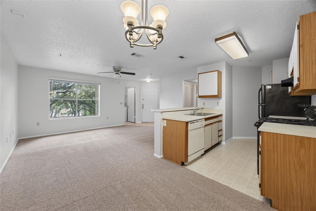 An open-concept living area features carpeted flooring, a kitchen with wood cabinets, and a chandelier — 642 DORY LANE UNIT 203, ALTAMONTE SPRINGS, FL