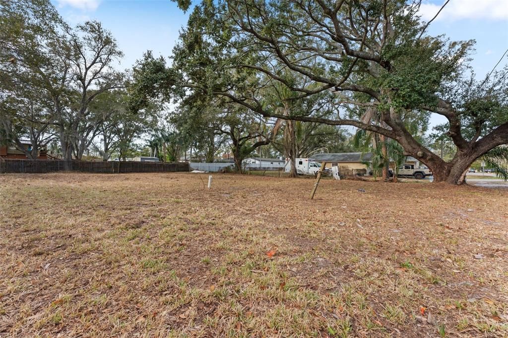 A large, flat, grassy vacant lot features several mature trees and a perimeter fence — 503 BUCKINGHAM AVENUE W, OLDSMAR, FL
