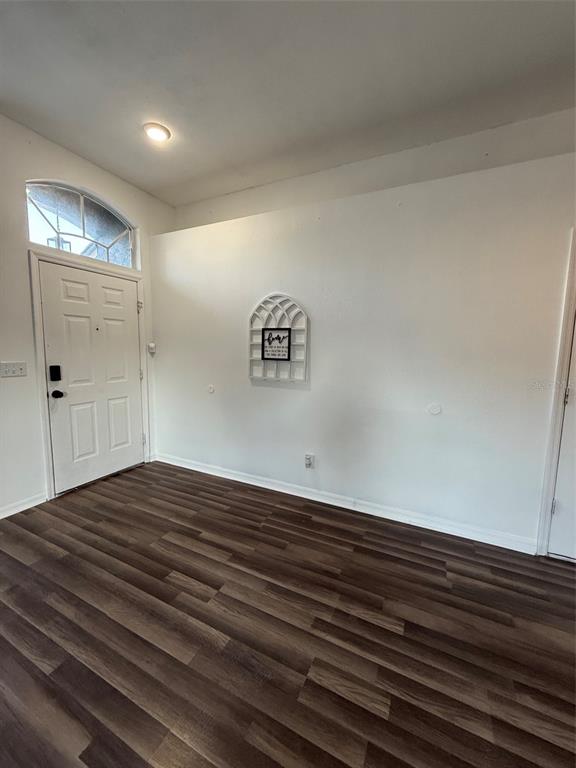 An entryway with wood-look flooring, a white front door, and a decorative wall shelf — 5841 DORHAM PLACE, WESLEY CHAPEL, FL