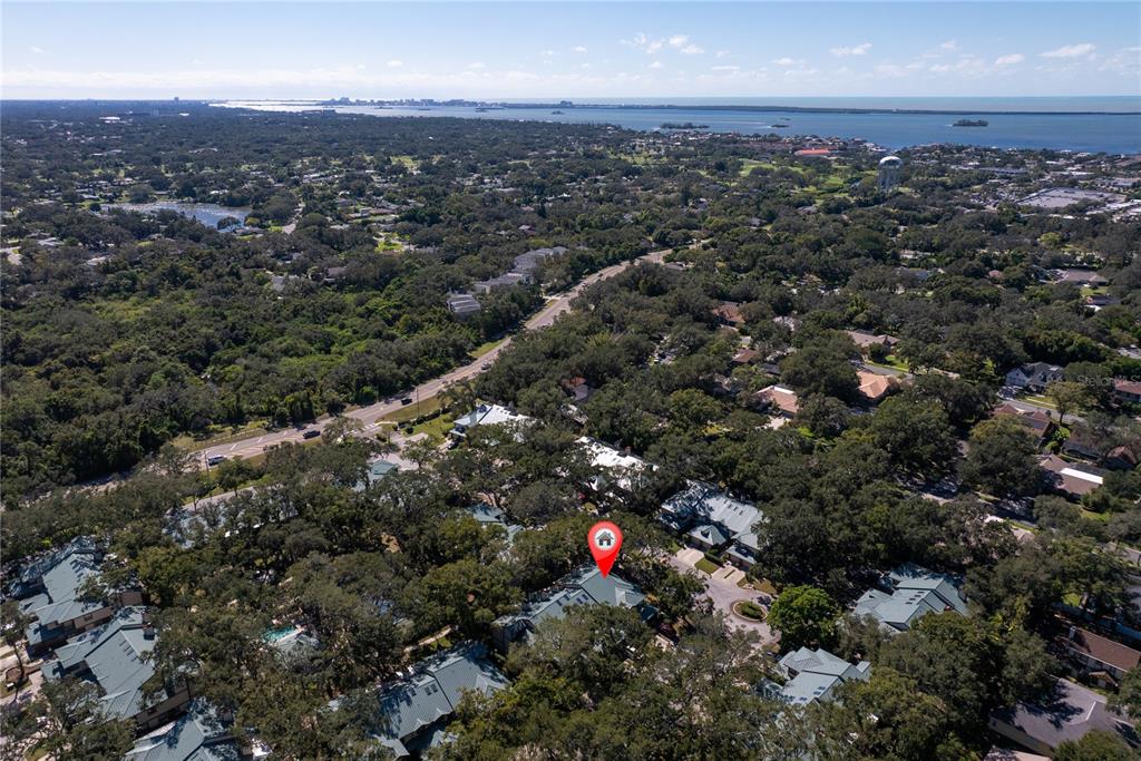 An aerial view shows a residential neighborhood with dense trees and a red location pin — 1471 MAHOGANY LANE UNIT 1706, PALM HARBOR, FL
