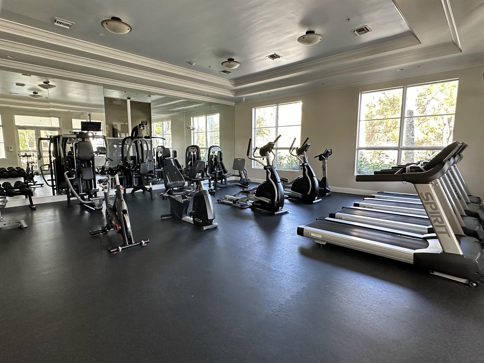 A fitness center features multiple treadmills, stationary bikes, elliptical machines, and weight equipment on flooring — 1660 Renaissance Commons Boulevard # 2507, Boynton Beach FL 33426, BOYNTON BEACH, FL