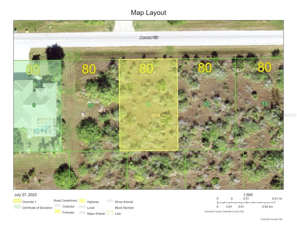 This is a map layout showing a row of residential lots along Acorn Circle — 15093 ACORN CIRCLE, PORT CHARLOTTE, FL