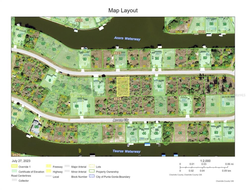 This is a map layout showing residential lots along Acorn Waterway and Taurus Waterway — 15093 ACORN CIRCLE, PORT CHARLOTTE, FL