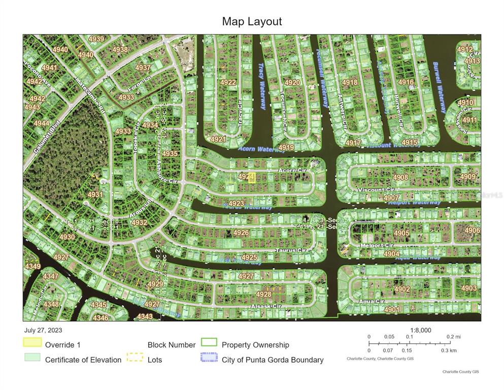 This is a map showing property lots, block numbers, and waterways in a residential area — 15093 ACORN CIRCLE, PORT CHARLOTTE, FL