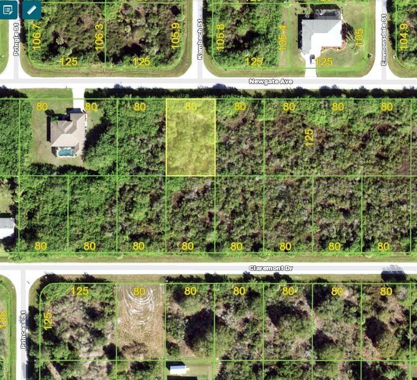 This is an aerial map showing a grid of residential land parcels and streets — 12105 NEWGATE AVENUE, PORT CHARLOTTE, FL