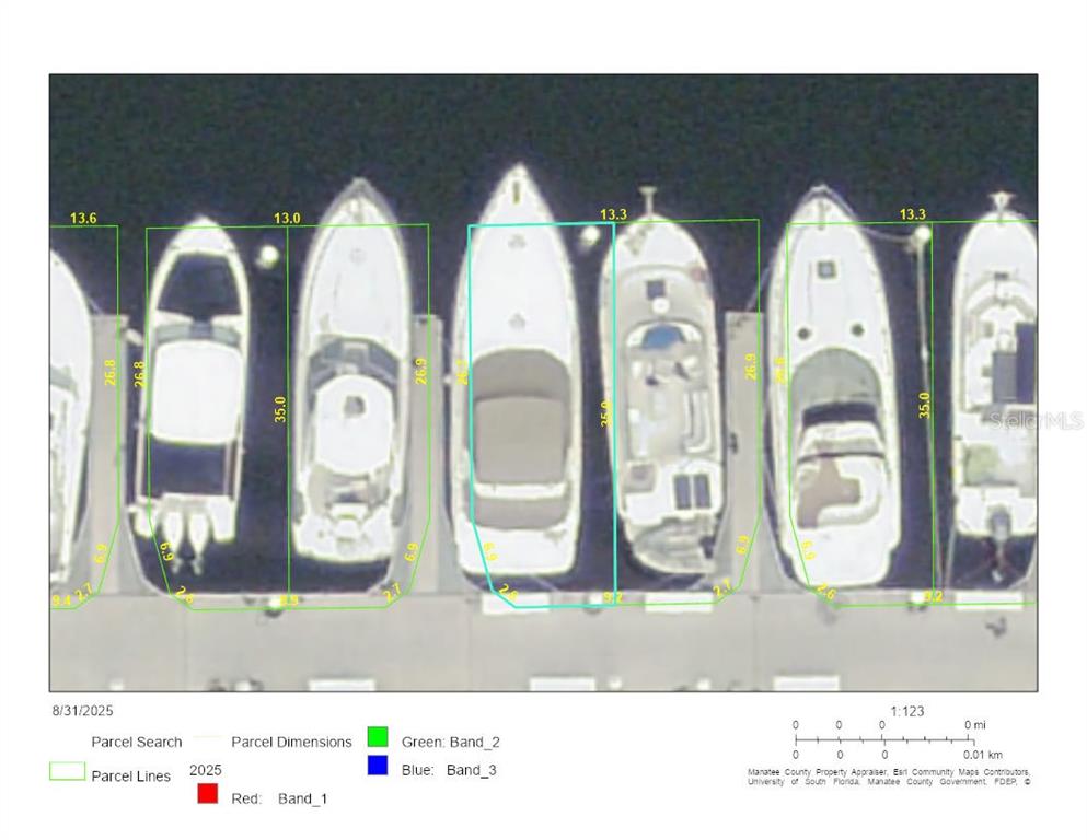 This aerial map shows boat slips with labeled dimensions in a marina — 102 RIVIERA DUNES WAY UNIT N-29, PALMETTO, FL