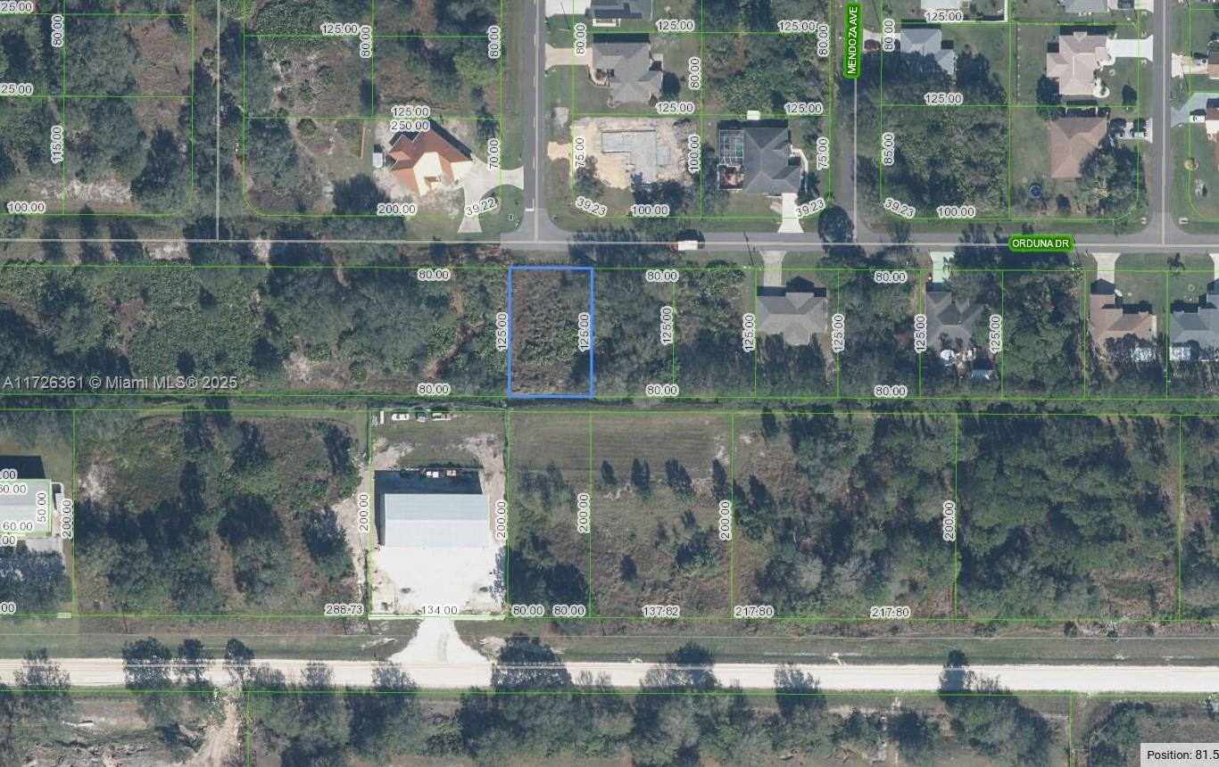 This is a map showing a vacant residential lot outlined in blue on a street — 6521 Orduna Drive, Sebring FL 33872, SEBRING, FL