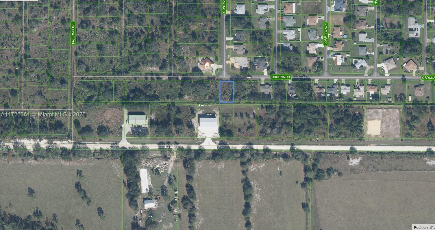 This is an aerial map showing a vacant lot highlighted in blue along a residential street — 6521 Orduna Drive, Sebring FL 33872, SEBRING, FL