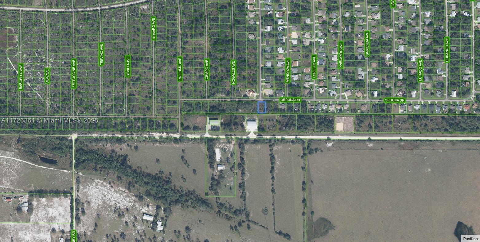 This is an aerial map showing a highlighted vacant lot on a residential street — 6521 Orduna Drive, Sebring FL 33872, SEBRING, FL