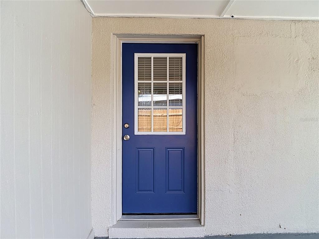 A blue exterior door with a nine-pane window sits in a textured beige wall — 7133 ABIGAIL DRIVE, PORT RICHEY, FL