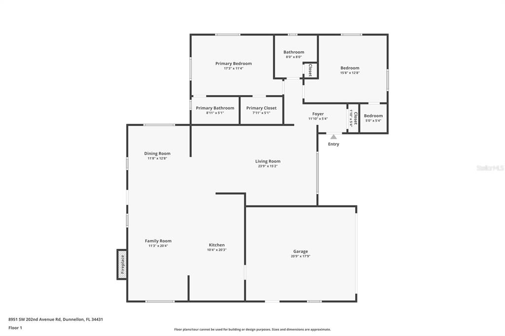 This is a floor plan for a single-story house featuring a garage and multiple bedrooms — 8951 SW 202ND AVENUE ROAD, DUNNELLON, FL