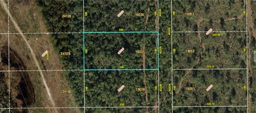 This is an aerial map showing a rectangular plot of land outlined in blue — FORT CHRISTMAS ROAD, ORLANDO, FL