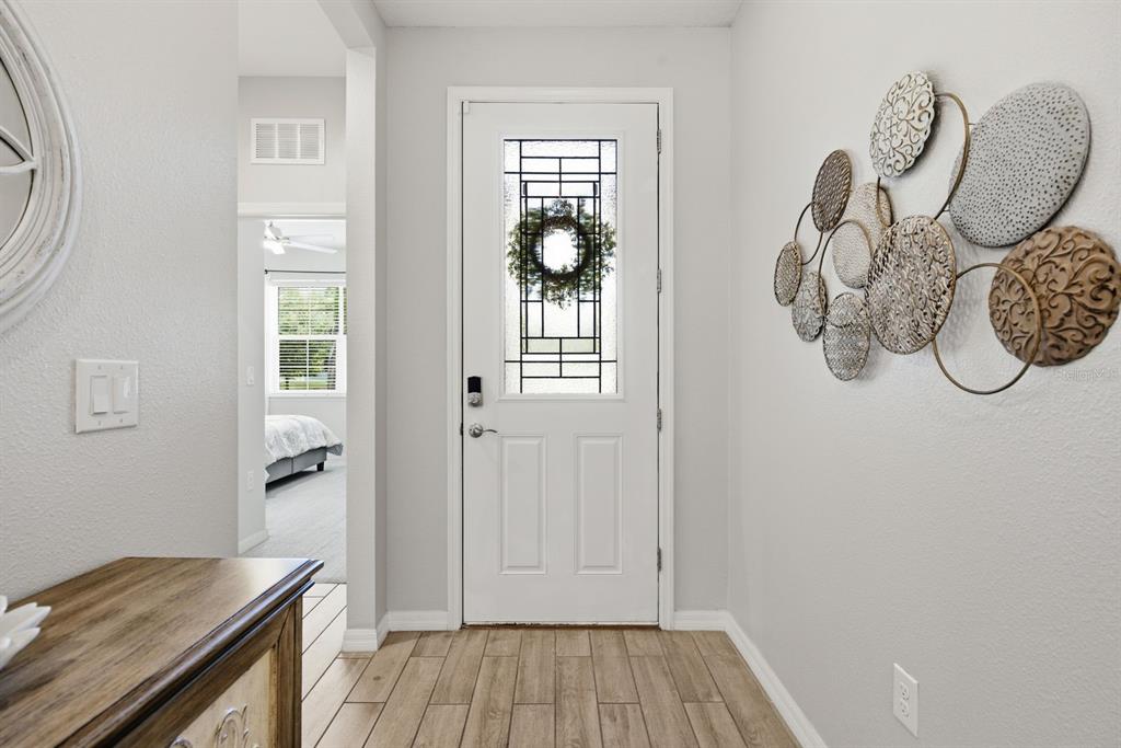 An entryway features a white front door with decorative glass, wood-look tile flooring, and wall art — 8216 PRAISE DRIVE, TAMPA, FL