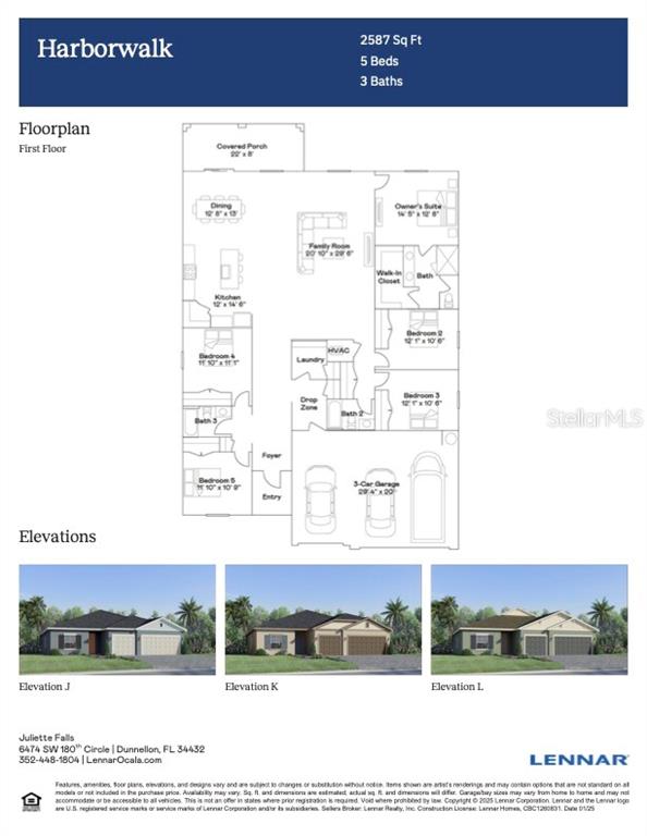 This is a floor plan and exterior rendering for a five-bedroom, three-bath single-story home — 6606 SW 180TH CIRCLE, DUNNELLON, FL